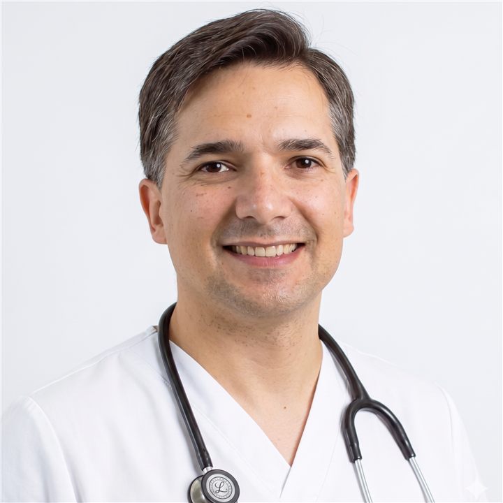 El Dr. Enrique Ortega Meyer con bata blanca y estetoscopio, sonriendo