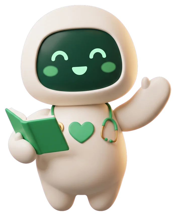 PediBlog, un pequeño robot blanco con la cara verde, saluda con un libro en la mano